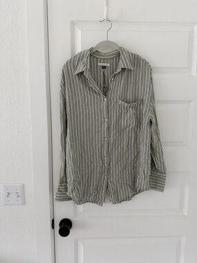 Men's Striped Button-Up Shirt - Olive Green